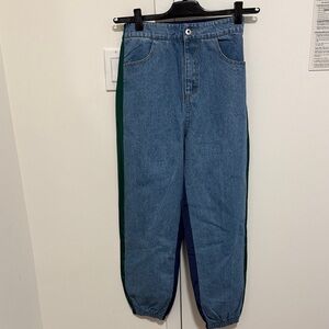 NWOT Woman’s Denim Jean Joggers with Blu & Green Stripe. Size Small.